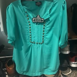 Teal short sleeve brass studded blouse